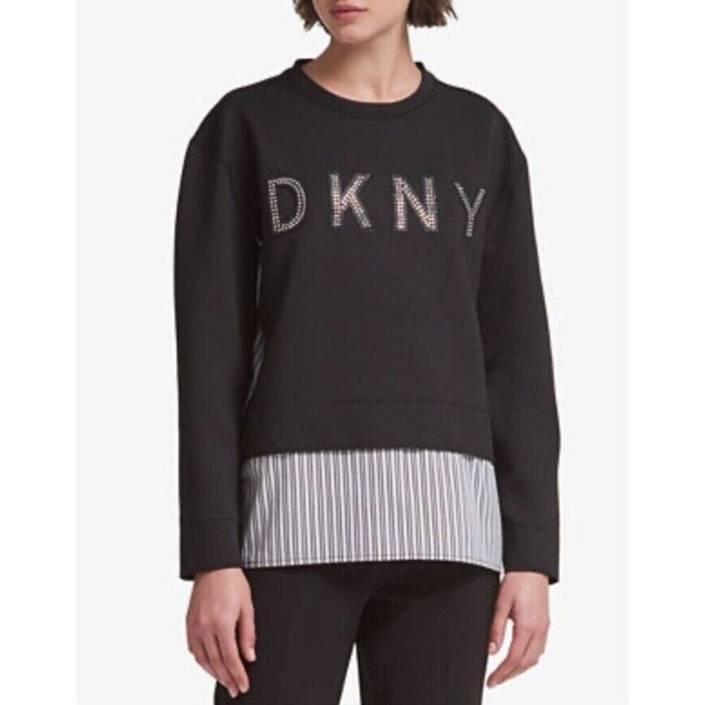 DKNY Top S Small The Everywhere Sweatshirt Black Blue White Crystals NWT NEW